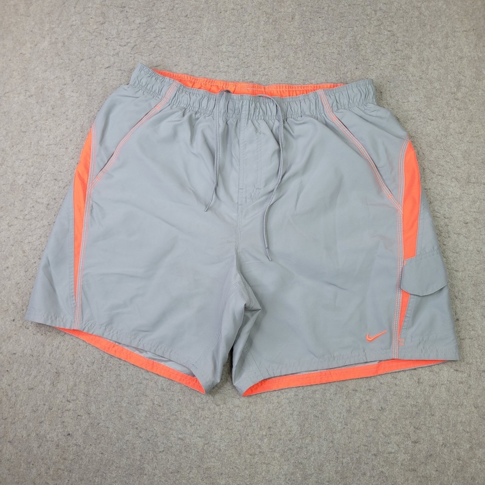 Nike Swimming Shorts Mens XL Gray Orange Mesh Lined Pocket Trunks Performance